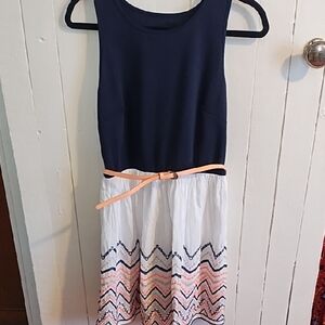 City Triangles Navy and White  Dress with Peach Belt Large.